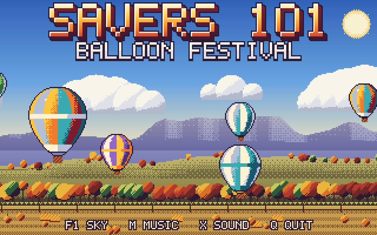 Amiga A1200 AGA Balloon Festival title screen with richer shaded balloons, clouds and mountains