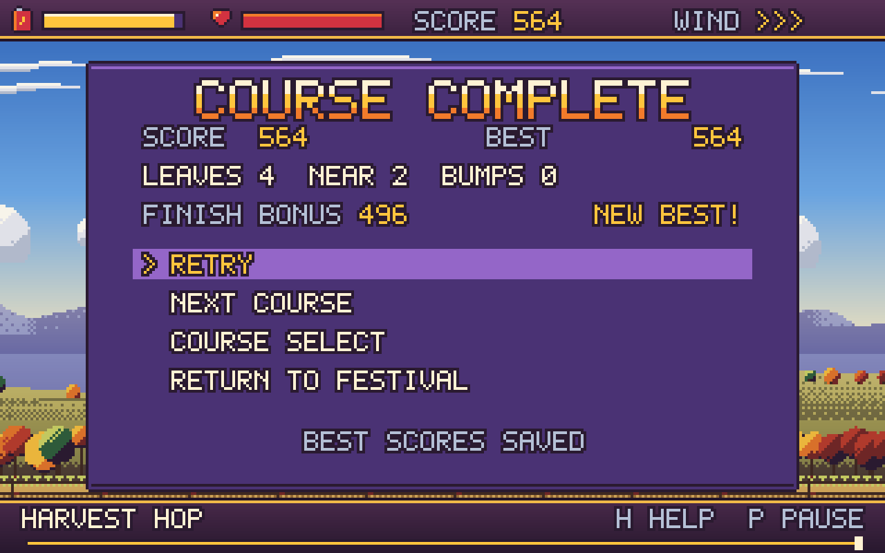 Amiga A1200 AGA Course Complete screen showing score, leaves, near misses and a new best