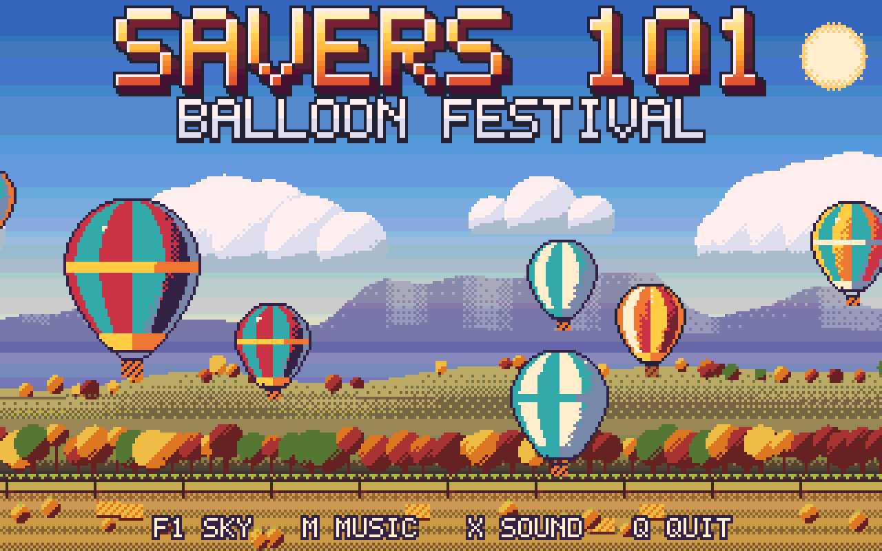 Amiga A500 Balloon Festival title screen: Savers 101 logo over pixel-art balloons, clouds, mountains and autumn trees