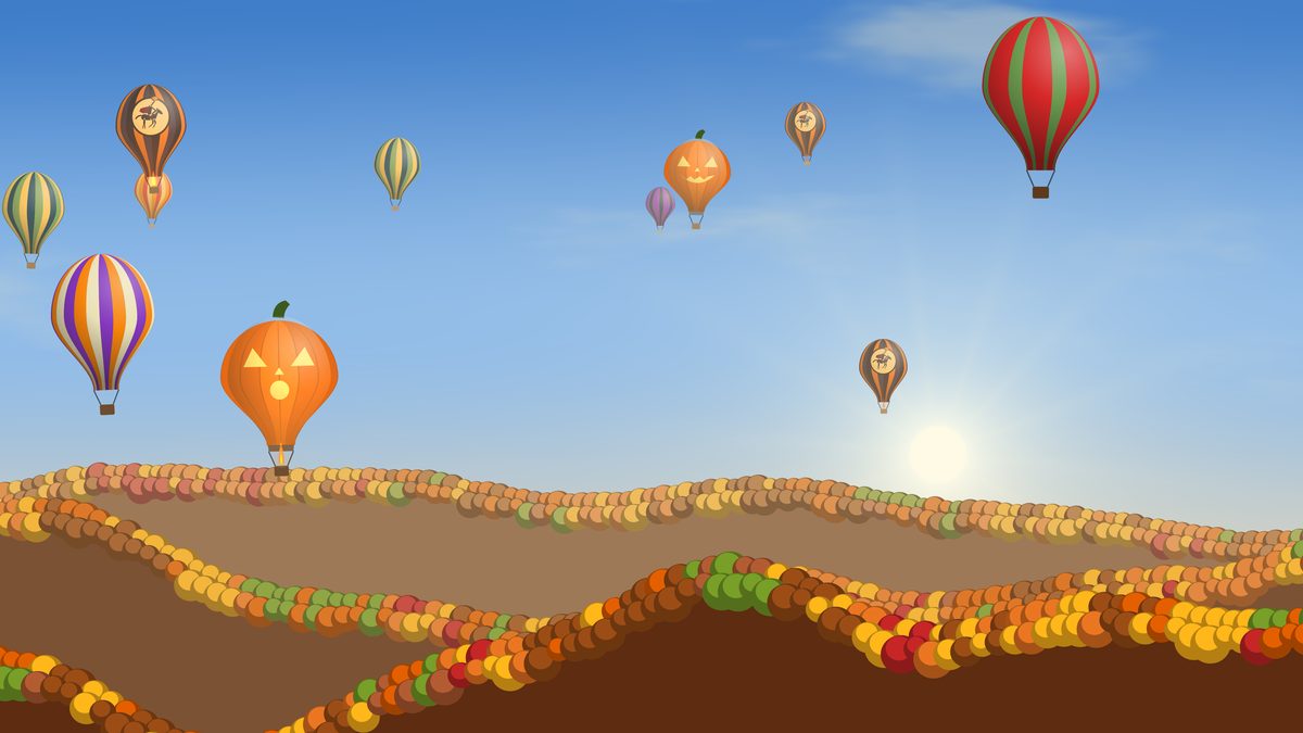 Balloon Festival on Apple TV: striped and pumpkin-shaped hot-air balloons over rolling autumn hills under a blue sky