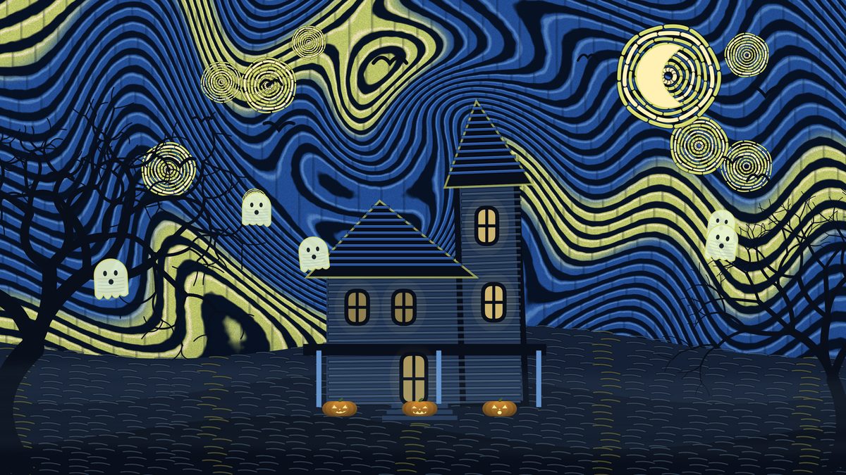 Haunted Starry Night on Apple TV: a haunted house with glowing windows under swirling blue and yellow painted sky, with small ghosts