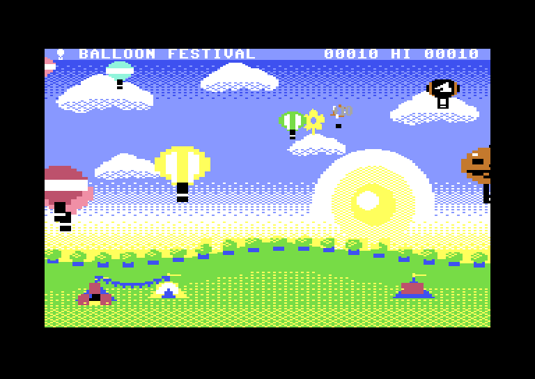 C64 concept of Balloon Festival: pixel-art balloons and clouds over green hills and a big yellow sun