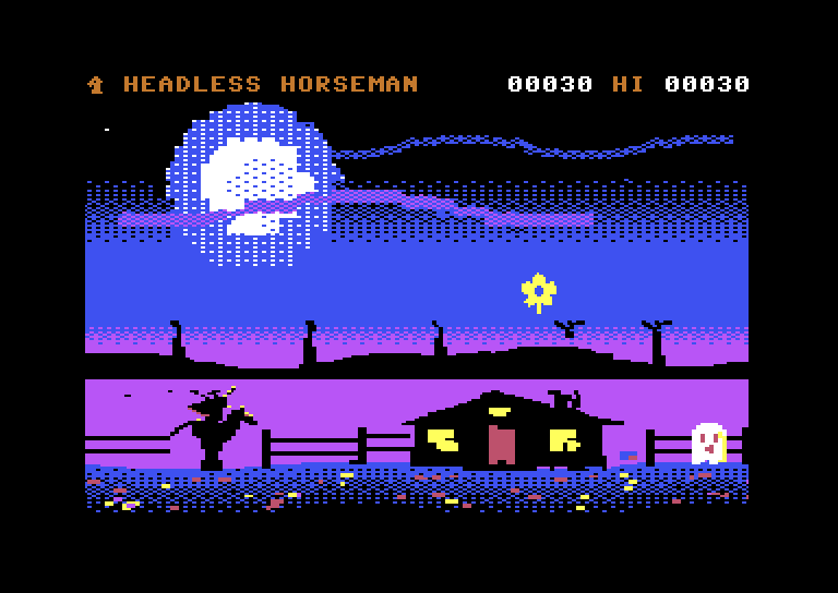 C64 concept of Headless Horseman: the rider by a fence and farmhouse under a dithered moon