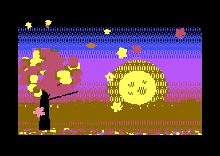 C64 concept of Maple Wind: a maple tree dropping leaves against a purple sky and a large yellow moon