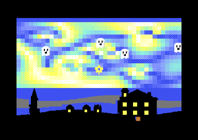 C64 concept of Haunted Starry Night: blocky swirling sky with ghosts over a silhouetted village