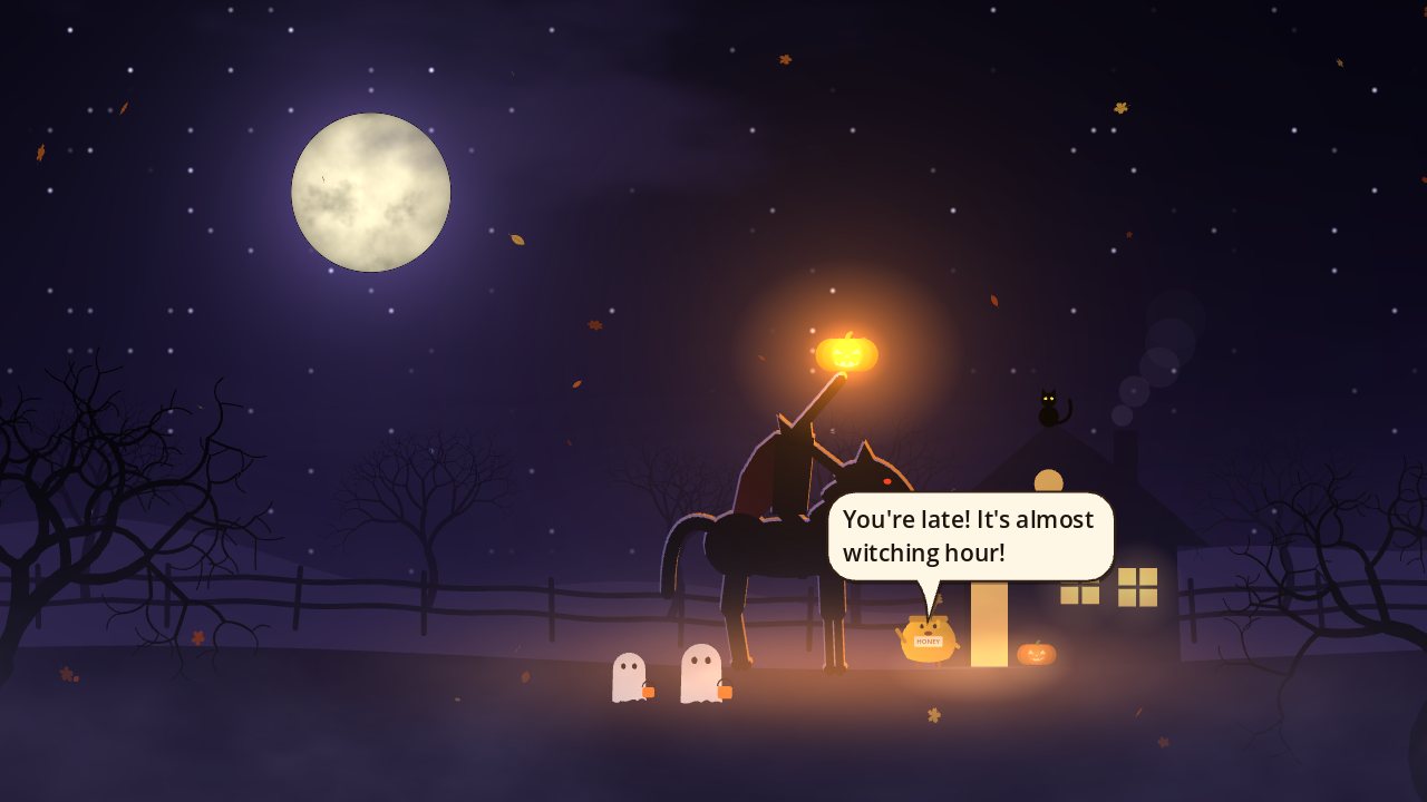 Godot version Headless Horseman scene with ghosts and a speech bubble reading 'You're late! It's almost witching hour!'