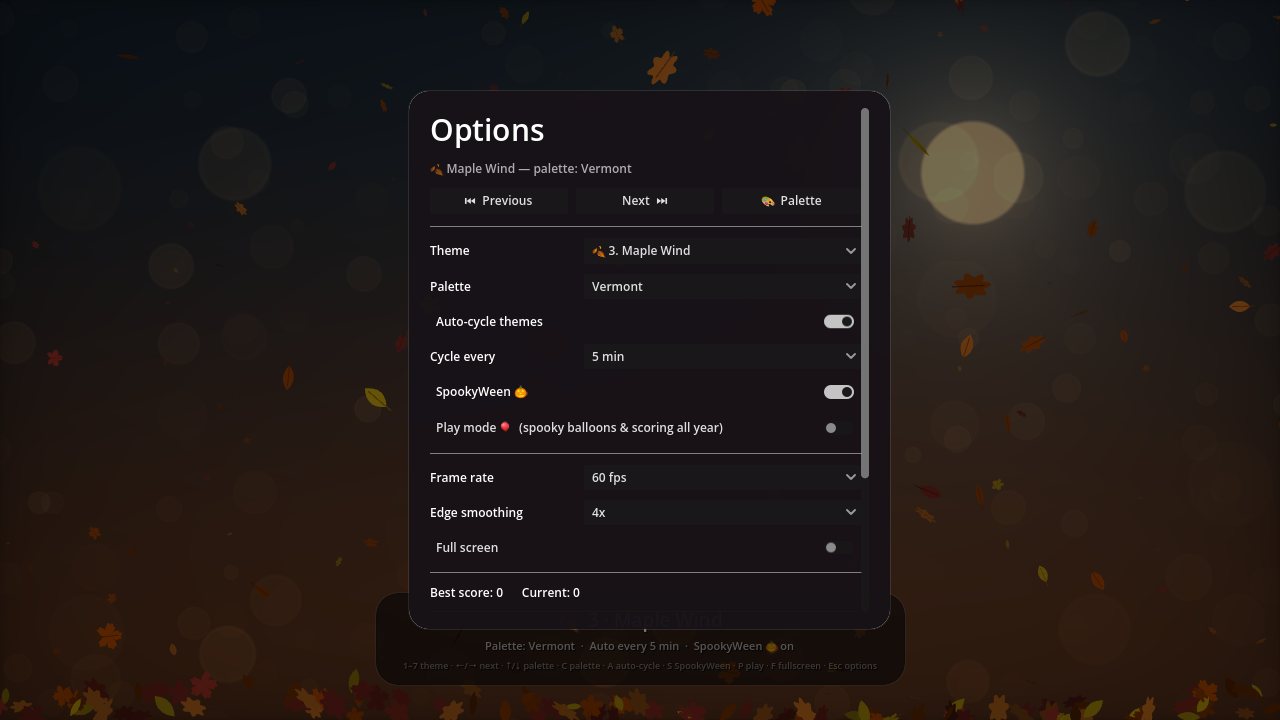 Godot version Options panel over Maple Wind, with theme, palette, auto-cycle, SpookyWeen, frame rate and full screen settings