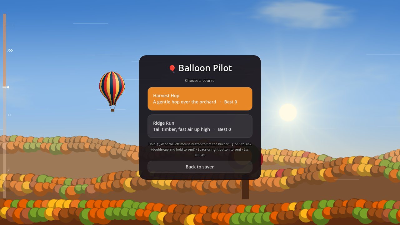 Godot version Balloon Pilot course select listing Harvest Hop and Ridge Run over the balloon festival