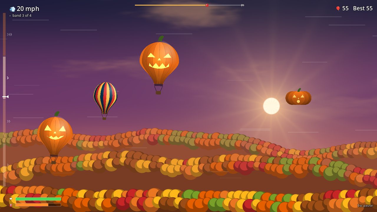 Godot version Balloon Pilot during SpookyWeen: jack-o'-lantern balloons in a purple sunset sky