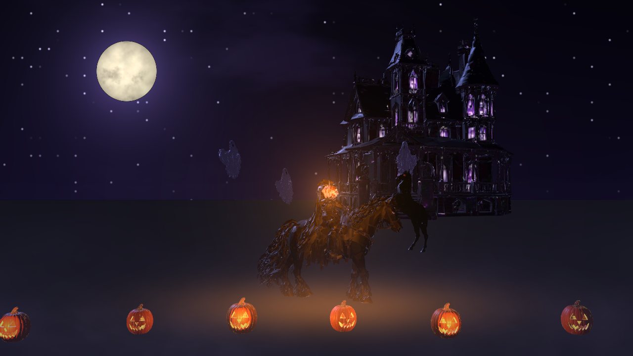 Godot version Sleepy Hollow 3D scene: the horseman's stallion before a haunted mansion, with pumpkins along the ground