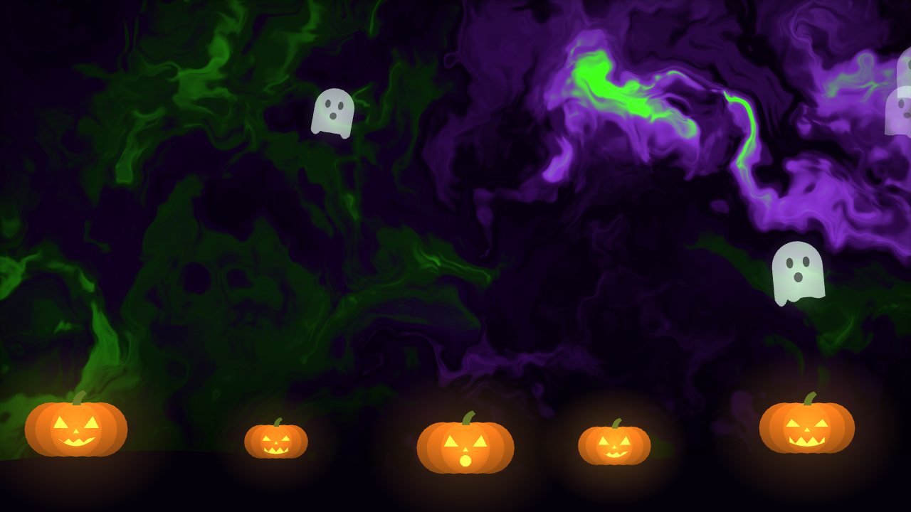 Godot version Witching Plasma: green and purple ectoplasm with ghosts above a row of jack-o'-lanterns