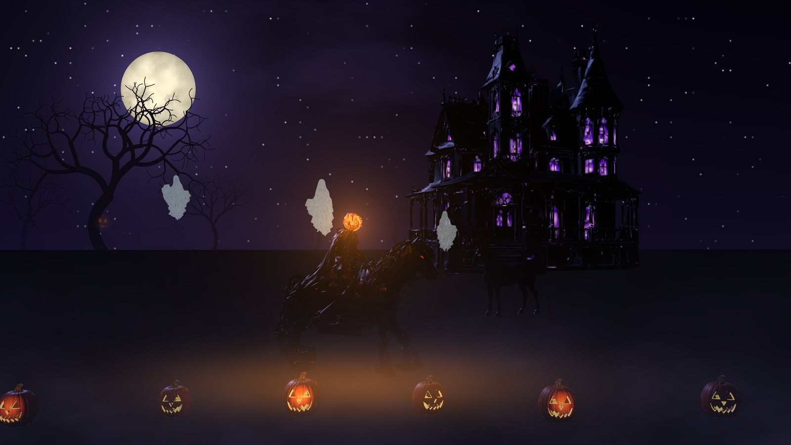 Sleepy Hollow scene from SeasonGlow: a haunted mansion with glowing purple windows under a full moon, ghosts drifting past, the Headless Horseman's stallion and a row of jack-o'-lanterns