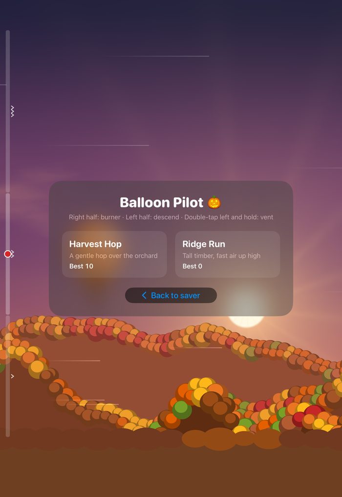Balloon Pilot course select on iPad, offering Harvest Hop and Ridge Run with best scores, over an autumn sunset