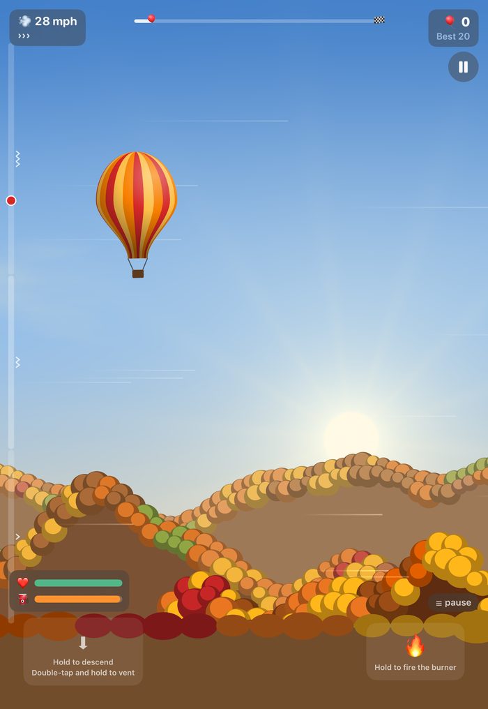 Balloon Pilot in flight on iPad: a red and yellow striped balloon above autumn hills, with speed, progress and burner controls on screen