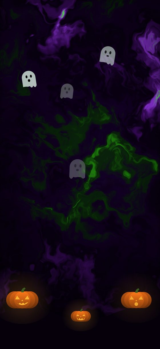 Witching Plasma on iPhone in portrait: green and purple ectoplasm swirling around ghosts above glowing jack-o'-lanterns