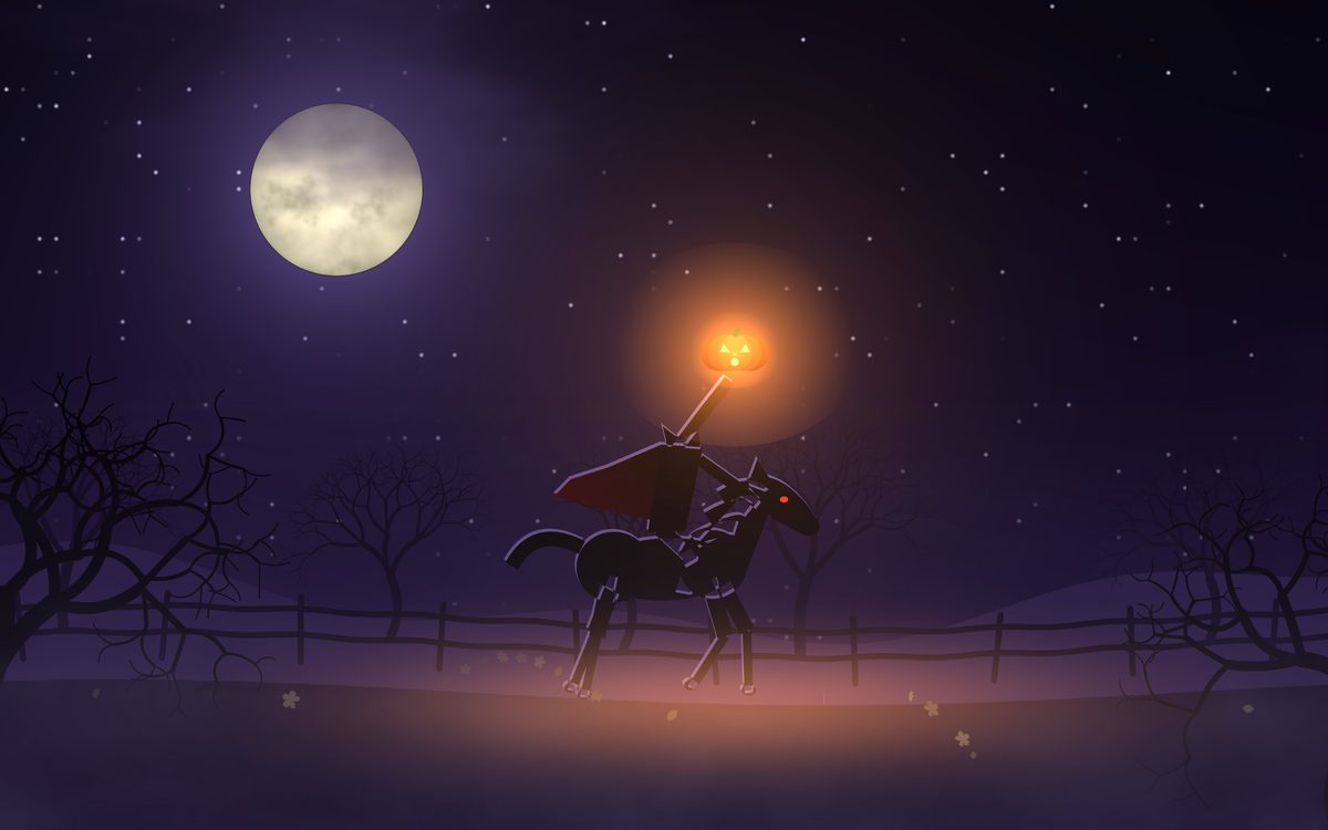 Headless Horseman on Mac: the rider on a black stallion holding a glowing jack-o'-lantern head beneath a full moon